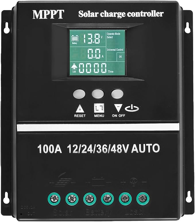 50A-100A Solar Charge Controller 100A MPPT LCD Display Solar Battery Regulator 12/24/36/48V Intelligent Solar Panel Regulator with Double USB Charging Port 7 Modes for Charging