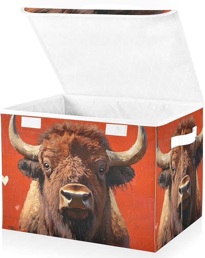 AIXIWAWA Lidded Storage Cube (Bison Heart) Fabric Foldable Closet Bins with Flip Lid and Handles Organizer Basket Container 16.5 x 12.6 x 11.8 IN