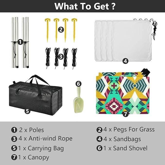 Beach Canopy with Windproof Ropes &amp Sandbags Beach Tent Sun Shade Sun Shelter for Camping Trips Fishing Backyard Fun or Picnics Boho Tribal Aztec