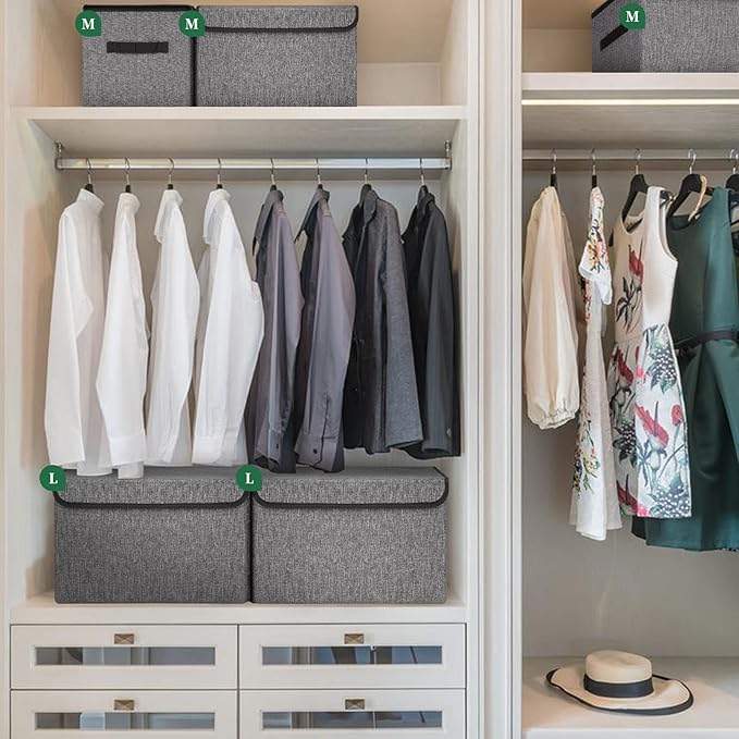 Bagnizer Large 17 42 Quarts Collapsible Stackable Storage Bins with Lids [3-Pack] Foldable Fabric Linen Storage Boxes Cube Closet Organizer Baskets with Label for Home (16.7 x 12 x 12 Gray)
