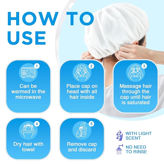 OK TAPE No Water Shampoo Caps (6 Pack) 3 Scents Rinse Free Shower Cap for Elderly After Surgery Camping Shampoo and Conditioner Hair Wash Cap (Jasmine Vanilla and Bellflower Scents)