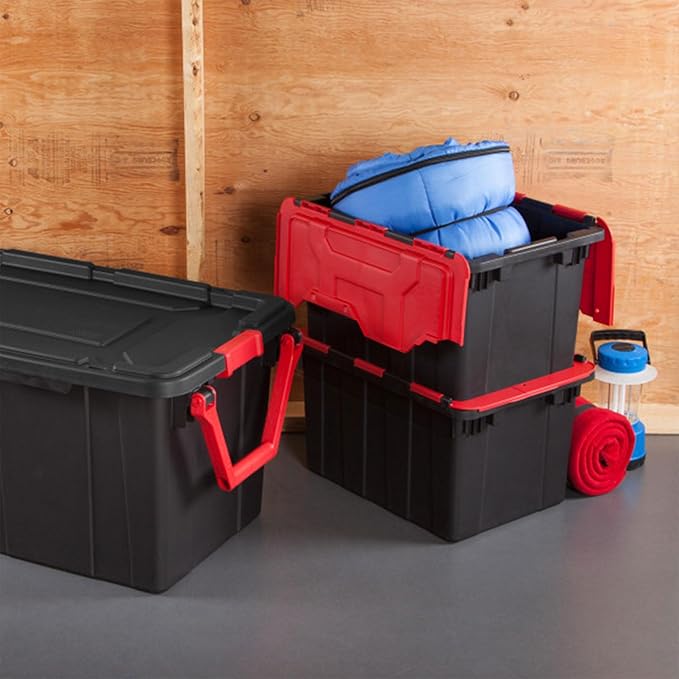 Sterilite 6-Pack 12 Gallon Hinged Lid Industrial Tote Heavy-Duty Plastic Organizer - Stackable Multipurpose Home Storage Bins with Contoured Handles for Garage Basement or Attic Organization