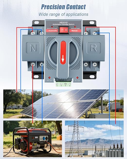 AC110V 6–63A Dual Power Transfer Switch 2Pole ATS Automatic/Manual Changeover Transfer Switch for Home Generator Solar Power System with Auto Selector Over/Under Voltage Protection 50/60Hz