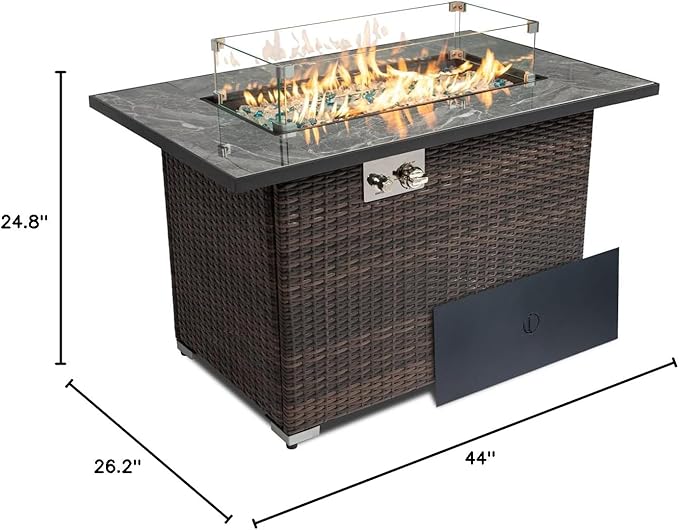 44in Outdoor Propane Gas Fire Pit Table 50000 BTU Auto-Ignition Gas Firepit with Glass Wind Guard Marble Tile Tabletop Mixed Color Glass Rocks Brown PE Rattan