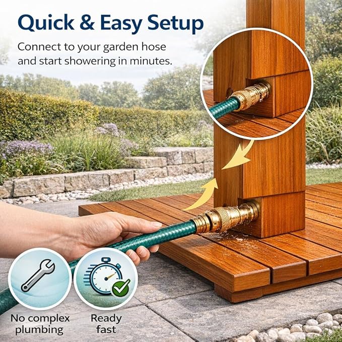 Ergode Height-Adjustable Outdoor Shower | Eucalyptus Wood and Steel | Pool Showers for Outside | Freestanding Outdoor Shower | Portable Shower for Camping
