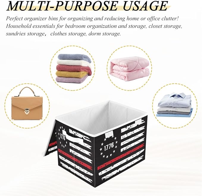 1776 Distressed American Flag Usa Black Storage Boxes with Lids Foldable Clothing Storage Large Stackable Storage for