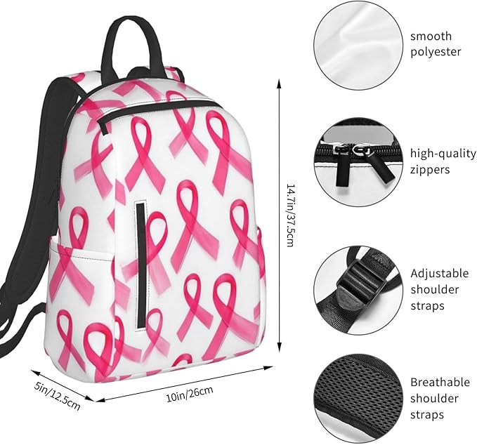 Pink Breast Cancer Ribbon Backpack Bookbag Outdoor Daypack with Adjustable Shoulder Straps Multipurpose Backpack