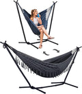 SUNCREAT 2-in-1 Hammocks Convertible Portable Double Hammock with Stand Included Outdoor Hammock and Stand Patented Dark Grey with Tassel