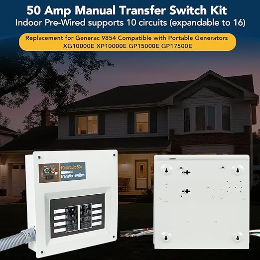 50 Amp Manual Transfer Switch Kit Indoor Pre-Wired 10-Circuit Selector - Replacement for Generac 9854 - Compatible with XG10000E XP10000E GP15000E GP17500E Portable Generators
