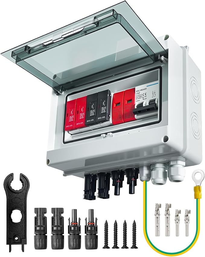 600V Solar DC PV Combiner Box 2 String with Lightning Arrester Connector for On/Off Grid Solar Panel System 2 Input 2 Out 32A Fuse 63A Circuit Breaker Waterproof ABS Enclosure