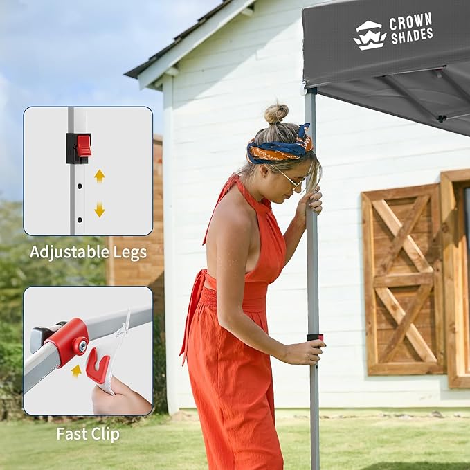 CROWN SHADES 8x8 Pop Up Canopy with 1 Side Wall - Beach Tent with One Push Setup - Outdoor Sun Shade for Events Parties Camping - Gazebo with STO-N-Go Cover Bag (Grid Grey)