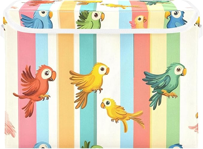 Cute Parrots Storage Cube Bins Basket with Lid Collapsible Flip-top Fabric with Handle for Home Bedroom Closet Office 16.5×12.6×11.8 in