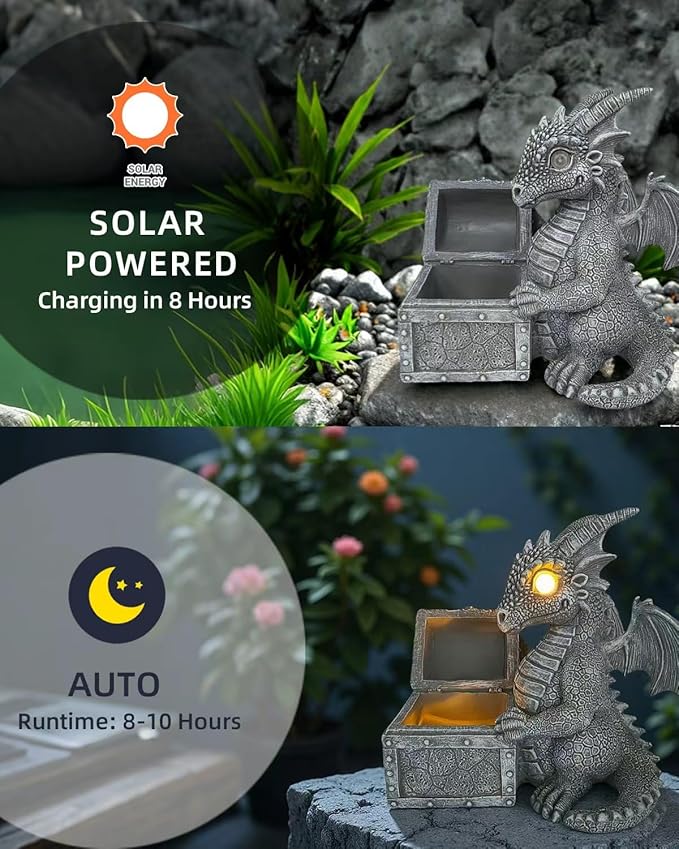 LED Solar Powered Dragons Opening Treasures Box Light Outdoor Atmosphere Decoration lamp Cute Resin Dragon Garden Landscape Lights.