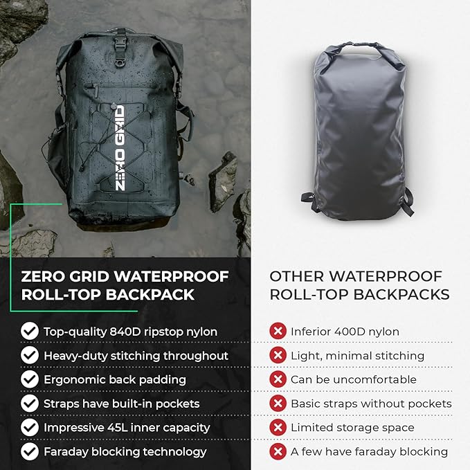 Large Faraday Waterproof Backpack Dry Bag - 45L Roll-Top Backpack with Built-In Pockets on Straps Signal Blocking Design for Added Security - Perfect for Travel Hiking Camping &amp Outdoor Adventu