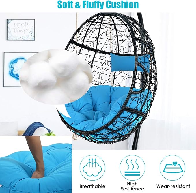 Giantex Hanging Egg Chair 36.5-Width Oversized Swing Chair with C-Hammock Stand Set Hammock Chair with Soft Seat Cushion &amp Pillow Multifunctional Hanging Chairs for Outdoor Indoor Bedroom (Blue