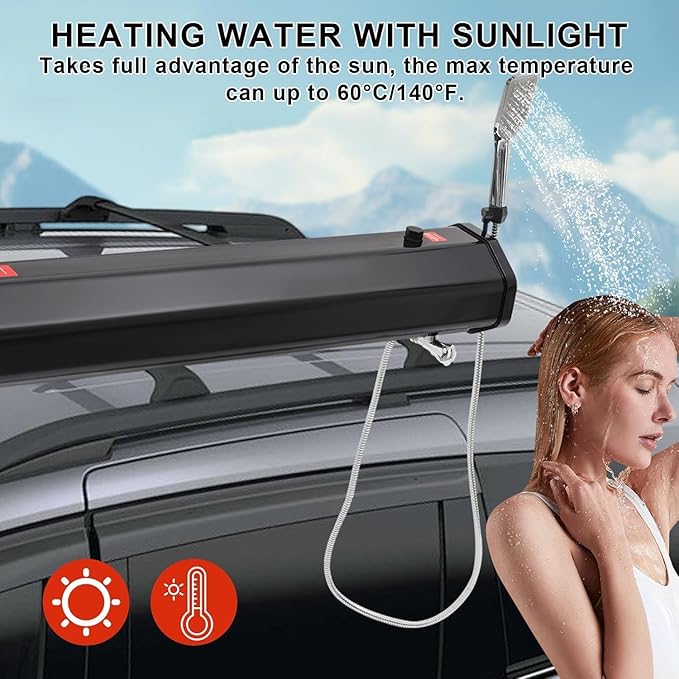 Portable Solar Heated Camping Shower with Pressurized Tank and Hose Showerhead for Outdoor Adventures Car Washing and Pet Care
