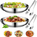 2PCS Stainless Steel Dinner Plates 8.7 Double Layered 18/8 Metal Round Dinner Plates Unbreakable with 2 Spoons &amp Forks Dishwasher Safe Heat-Resistant for Indoor/Outdoor Use Camping Everyday Me