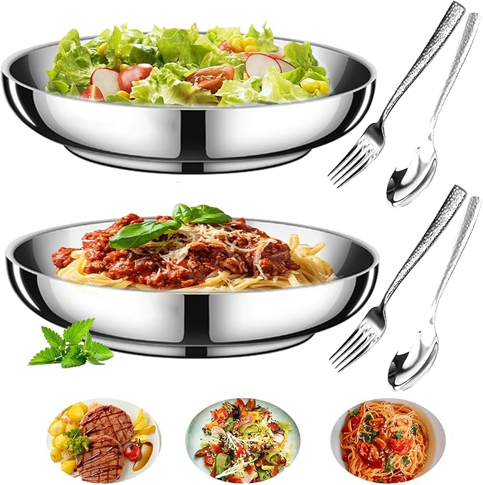 2PCS Stainless Steel Dinner Plates 8.7 Double Layered 18/8 Metal Round Dinner Plates Unbreakable with 2 Spoons &amp Forks Dishwasher Safe Heat-Resistant for Indoor/Outdoor Use Camping Everyday Me