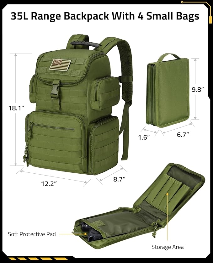 CVLIFE Tactical Range Backpack with Removable Divider Gun Cases Bag with 4 Pistol Carrying Cases Rucksack for Shooting (Army Green Medium)