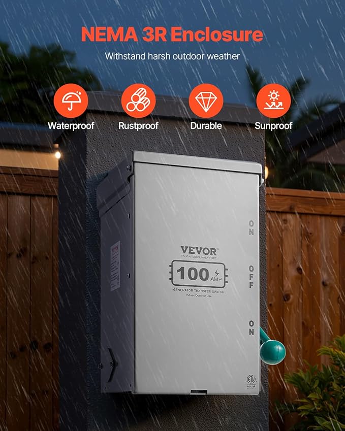 VEVOR 100A Manual Transfer Switch Generator Transfer Switch for Home 24000W Double-Throw Safety Switch NEMA 3R Outdoor/Indoor ETL Certified