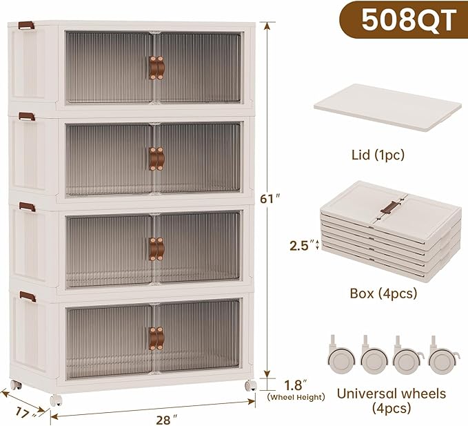SAILUN 127Gal/508Qt Extra Large Stackable Storage Bins Folding Collapsible Storage Bins with a Lid Closet Organizers Blush White 28 W x 17 D x 61 H
