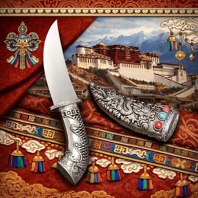 Fixed Blade Tanto Knife with Dragon Metal Sheath Compact Japanese Style Camping Knife Collectible EDC Knife with Gift Box for Men