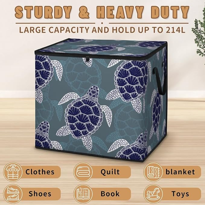 Large Nautical Green Sea Turtles Storage Bags with Lid XL Blanket Clothes Storage Bins Foldable Organizers Storage Containers with Handle for Comforters Bed Sheets Pillows Sea Animals