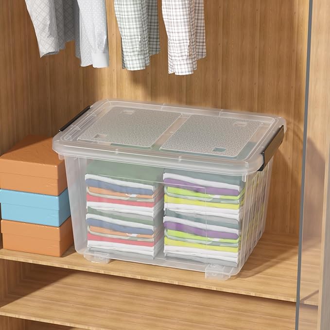 50 L Plastic Lidded Storage Bin 4 Pack Clear Latching Storage Box with Wheels