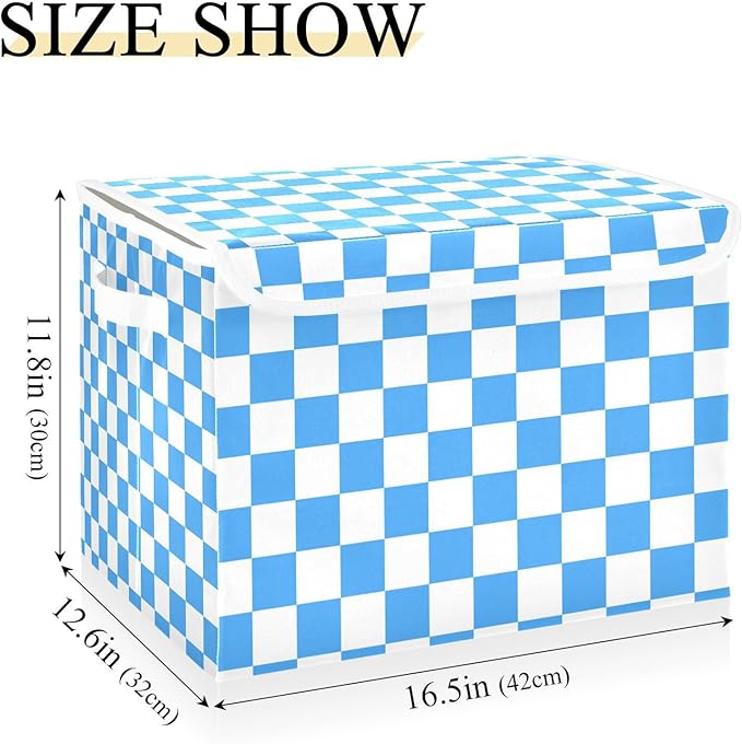 Collapsible Storage Bins with Lids Decorative Fabric Storage Cubes Closet Organizer and Storage Basket Boxes Containers for Clothes Box Chest Nursery Folding Rectangle Checkered Blue
