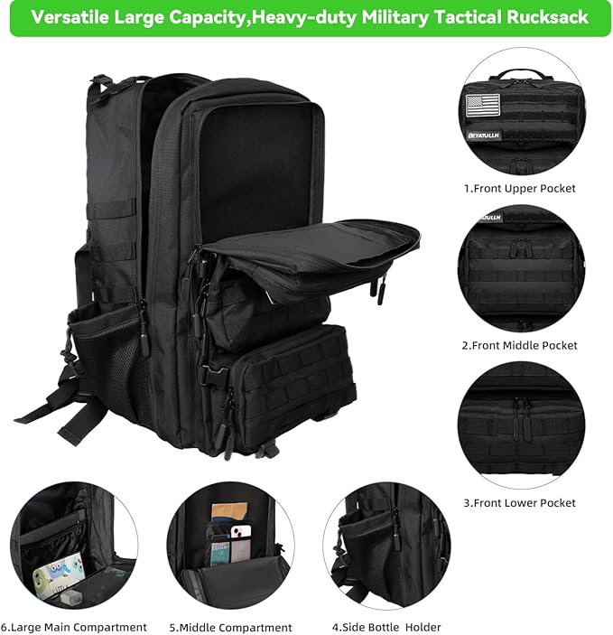 Military Tactical Backpack 55L for Men &amp Women Bug Out Bag Assault pack Molle Daypack Hiking Trekking Rucksack (Black)