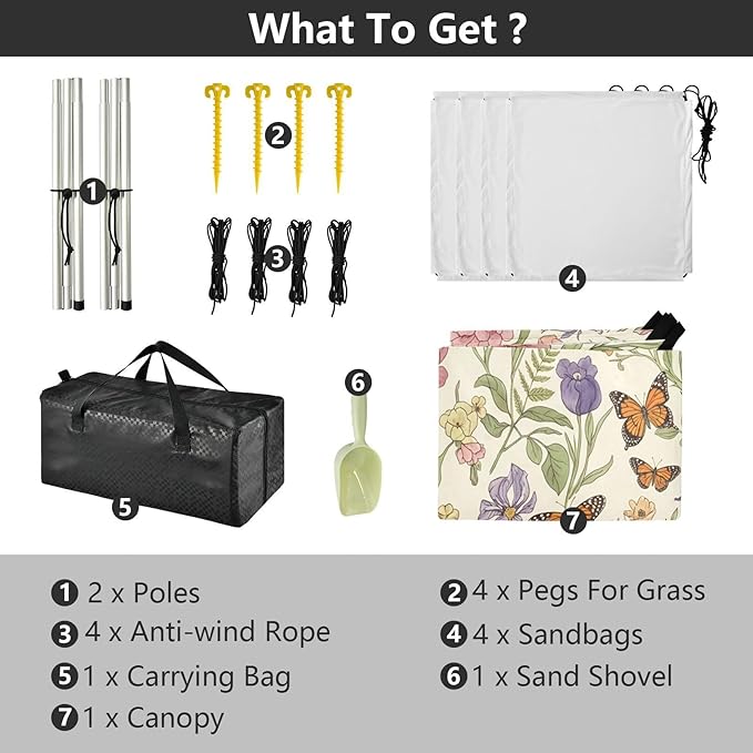 xigua Wildflowers Beach Tent Sun Shelter with Carrying Bag - Silver Coated Oxford Fabric Beach Canopy for Beach Camping Fishing - Includes Windproof Ropes Sandbags &amp Stakes