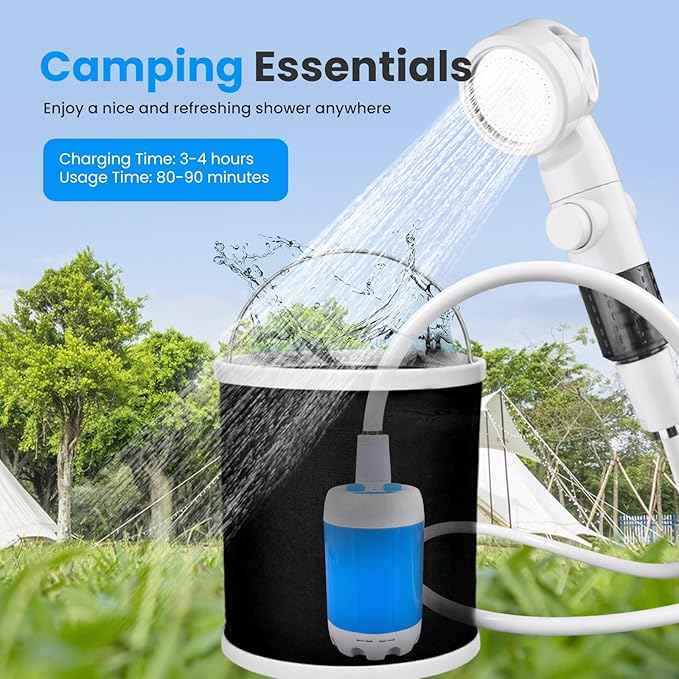 Portable Camping Shower Outdoor Camp Shower PumpUpgrade Rechargeable Electric Shower Pump with Intelligent Digital Display Multiple Spray Modes for Camping Hiking TravelingRV