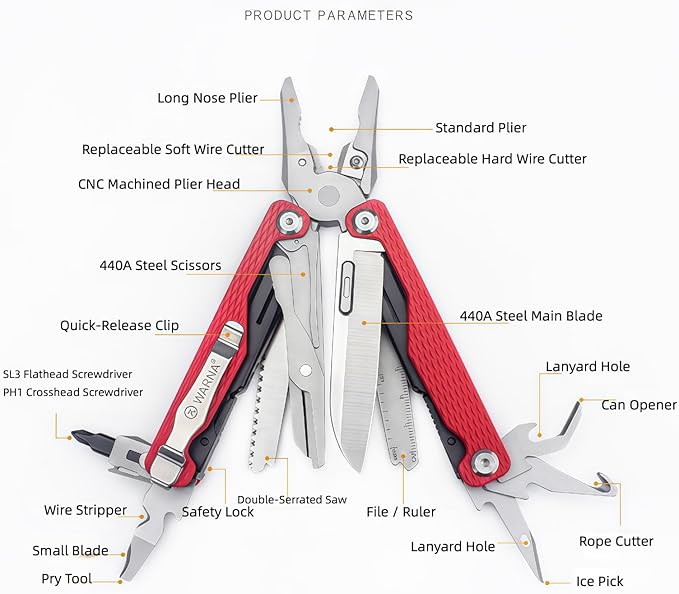 Multitool 20-in-1 Full-Size Multi-Purpose Pliers Lightweight EDC Tactical Gear With Safety Locking Camping Knives &amp Tools Gifts for Guys Gifts for Hunters Men who have Everything (Orange)