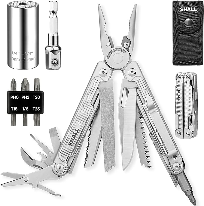 SHALL Multi Tool 18-in-1 Multitool Pliers Stainless Steel Multi-tool Pocket Knife w/Screwdriver Bit &amp Universal Socket Self-locking Multipurpose Tool w/Sheath for Camping Fishing Survival Hunti