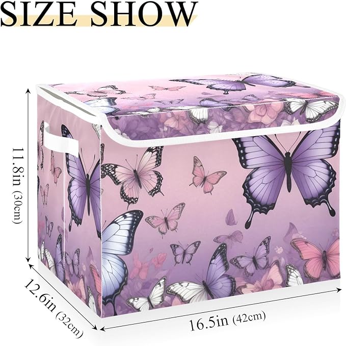 Storage Cube with Lid Purple Butterflies Print Collapsible Large Capacity Foldable Storage Basket Bin Organizer 16.5×12.6×11.8 IN