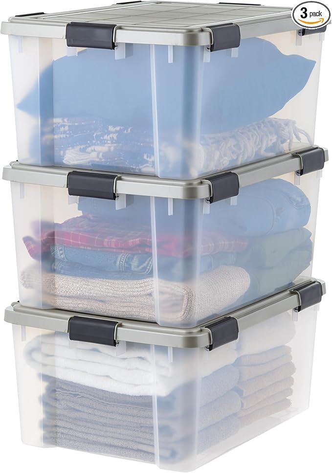 IRIS USA 60 Qt Storage Bins with Gasket Seal Lid 3 Pack - BPA-Free Heavy Duty Moving Containers Tight Latch Weather Proof Tote WEATHERPRO - Clear/Chrome