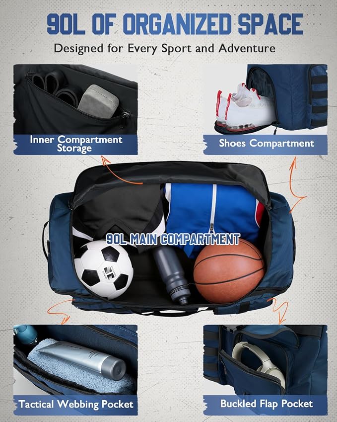 Gonex 90L Extra Large Duffel Bag for Men Heavy Duty 3 in 1 Convertible Carry Travel Duffle with Shoe Compartment Tactical Loops Sports Gear Bag for Family Trips (Dark Blue)