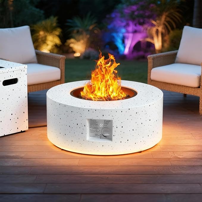 30' Outdoor Fire Pit Table with 50000 BTU Output Premium Gas Fire Pit Tables for Outside Patio Round Propane Fire Pit with Glass Stones Waterproof Cover (White 30 LED)