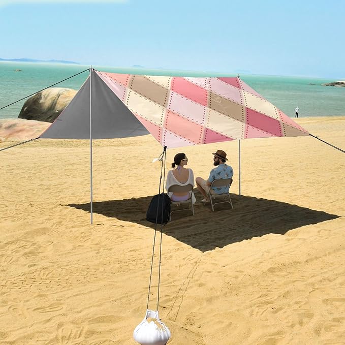 xigua Plaid Beach Tent Sun Shelter with Carrying Bag - Silver Coated Oxford Fabric Beach Canopy for Beach Camping Fishing - Includes Windproof Ropes Sandbags &amp Stakes