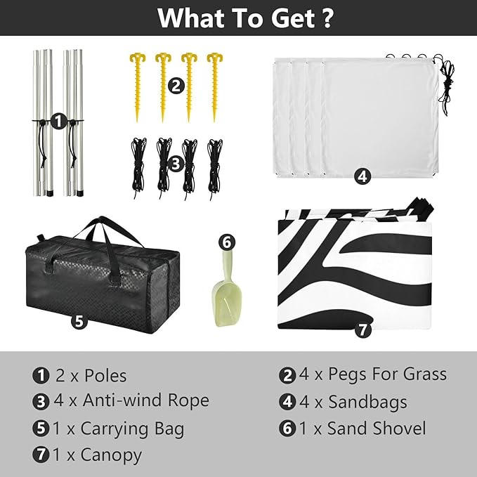 xigua Zebra Elements Beach Tent Sun Shelter with Carrying Bag - Silver Coated Oxford Fabric Beach Canopy for Beach Camping Fishing - Includes Windproof Ropes Sandbags &amp Stakes