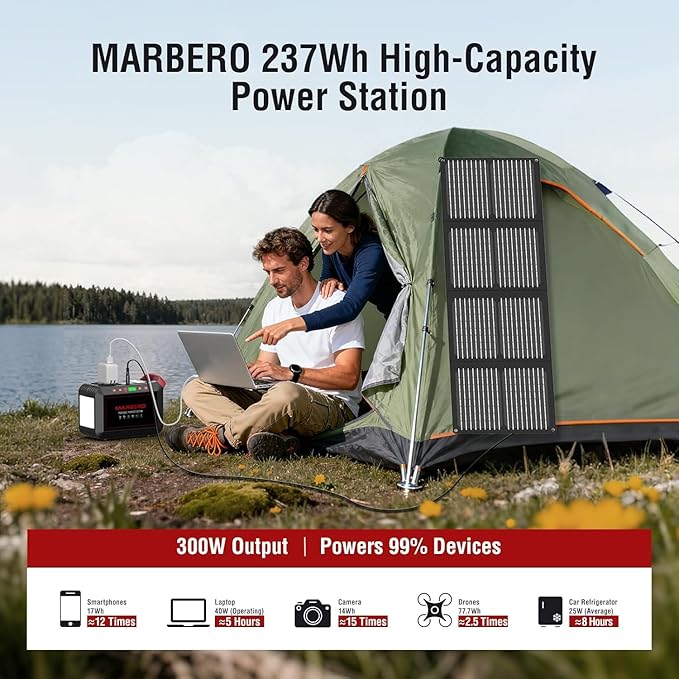 Portable Power Station 300W MARBERO 237Wh Camping Solar Generator Backup Lithium Battery with Pure Sine Wave 110V AC Outlet USB C USB A DC for Outdoors Camping CPAP Home Blackout Emergency