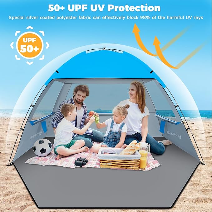 Venustas Beach Tent Sun Shelter for 3/4/6/8 Person UPF 50+ UV Protection Beach Canopy Lightweight and Easy Setup Cabana Portable Shade Tent