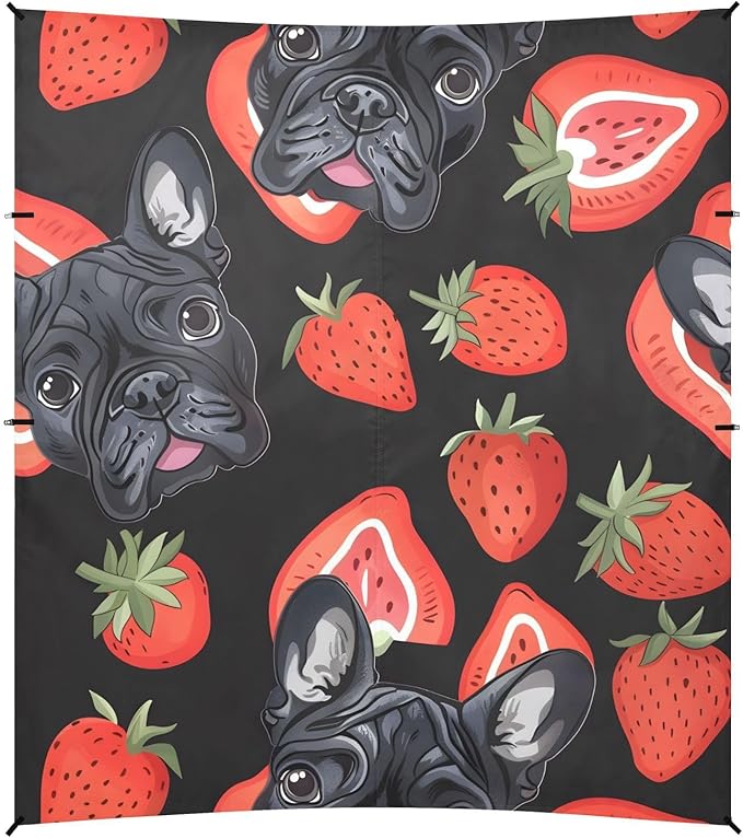 ALAZA Dog French Bulldog Puppy Strawberry Beach Tent Sun Shelter UPF50+ Protection Beach Shade Canopy w/ 4 Sandbags for Outdoor Camping Fishing Backyard Fun Picnic 10x9 ft