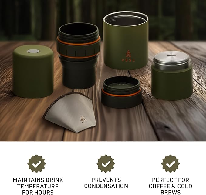 VSSL - Nest Pour Over Coffee Kit | Coffee Maker for Camping | All-In-One Travel Pour Over | Transportable Dripper Two 10oz Stainless Steel Travel Mugs | Compact Storage &amp Adventure Ready | Deep M
