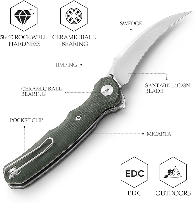 TRIVISA knives - Lacerta-04G |Hawkbill Folding Knife for Men EDC Pocket Pikal Knife with Reversible Wire Clip 3.34 Stone Wash 14C28N Steel Flipper Blade &amp Micarta Handle