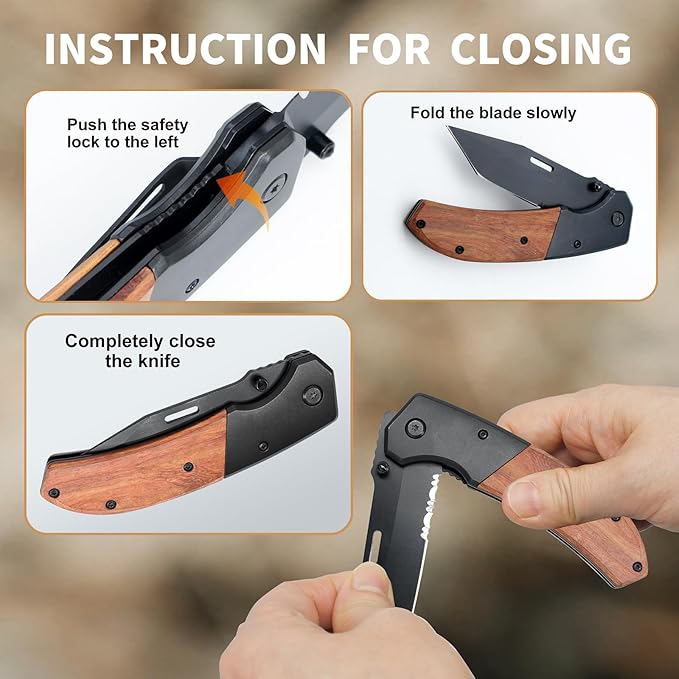 Vickay Pocket Knife Folding Knife with Clip - 3.54″ Black Serrated Steel Blade Wood Handle EDC Knife for Men &amp Women Outdoor Camping Tactical Hunting Hiking Survival - Father’s Day Gift