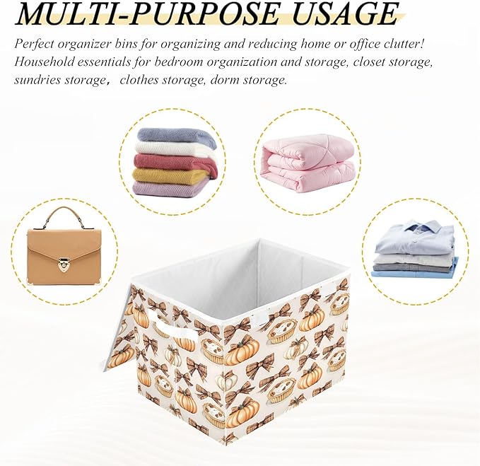 Bolaz Storage Bins with Lids and HandlesAutumn Pie Pumpkin Bows Pattern Storage Box Basket with Cover Collapsible Organizer Containers for Home Closet Shelves