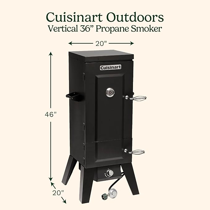 Cuisinart 36” Vertical Propane Smoker 4 Removable Racks Spacious BBQ Smoker with Wood and Water Trays 15000 BTU Heat for Smoked Meat Brisket Jerky Fish Perfect for Tailgates Backyard Camping