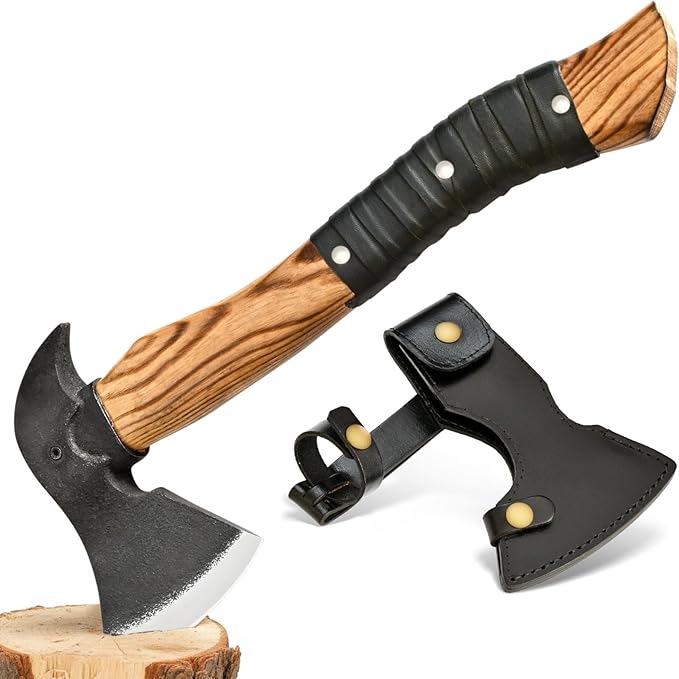 14” Hatchet Axe Camping Hatchet Hand Forged Axe with Sheath for Wood Chopping Splitting &amp Carving Bushcraft Axe with Ash Wood Handle for Outdoor &amp Survival
