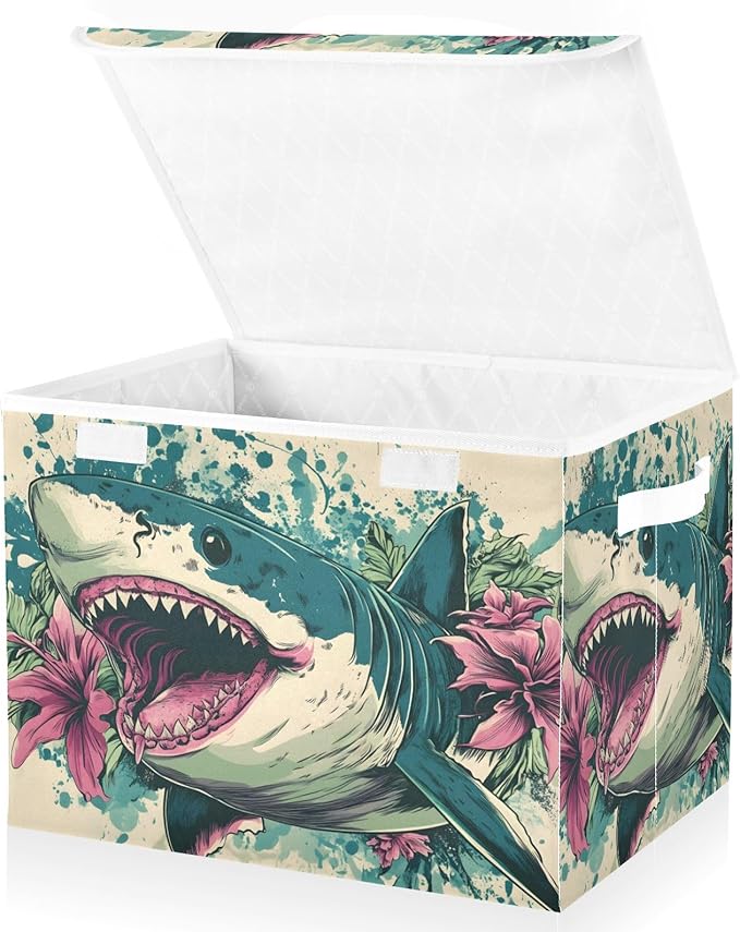 Storage Cube with Lid Floral Fish Print 16.5×12.6×11.8 IN Collapsible Large Capacity Foldable Storage Basket Bin Organizer